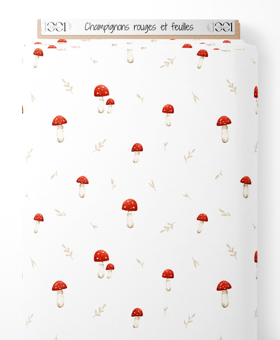 Tissu - Champignons rouges et feuilles