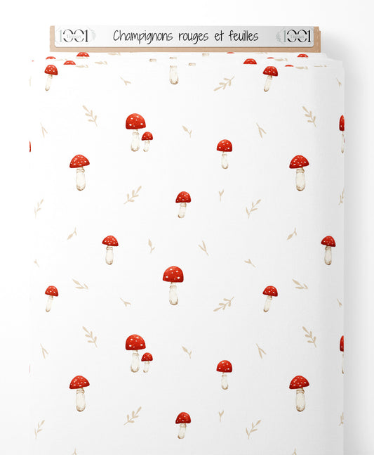 Tissu - Champignons rouges et feuilles