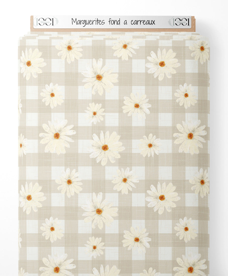 Tissu - Marguerites sur fond à carreaux