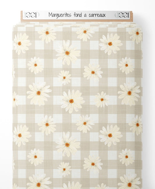 Tissu - Marguerites sur fond à carreaux