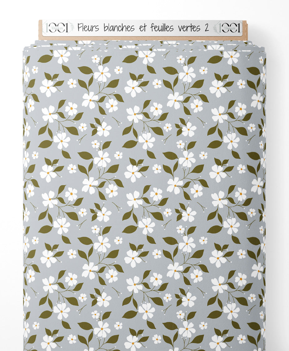 Tissu - Fleurs blanches et feuilles vertes 2