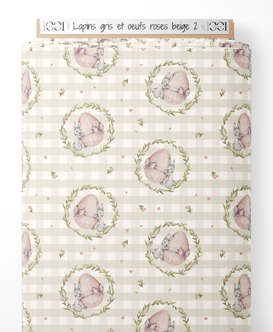 Tissu - Lapins gris et œufs roses beige 2