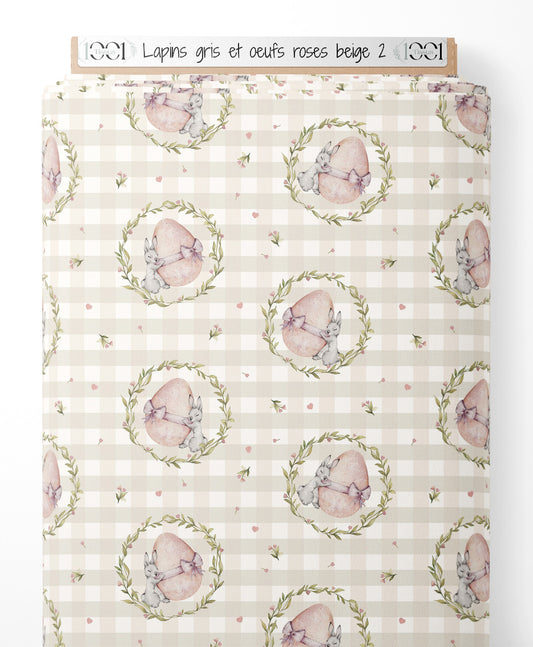Tissu - Lapins gris et œufs roses beige 2