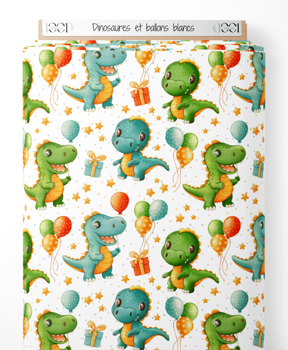 Tissu - Dinosaures et ballons blancs