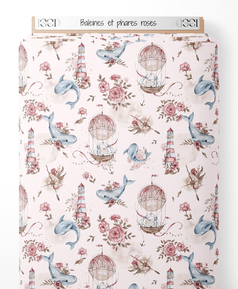 Tissu - Baleines et phares roses