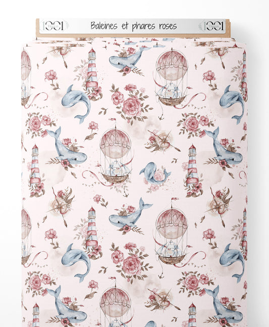Tissu - Baleines et phares roses