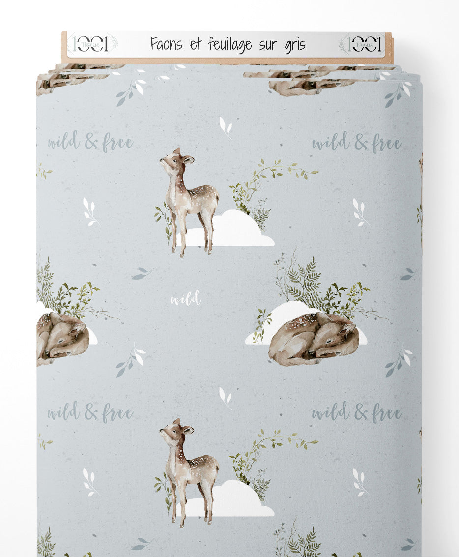 Tissu - Faons et feuillage sur gris