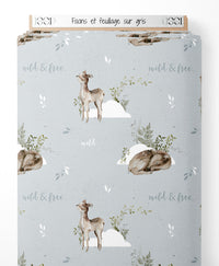 Tissu - Faons et feuillage sur gris