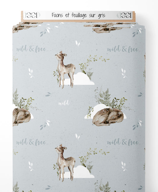 Tissu - Faons et feuillage sur gris