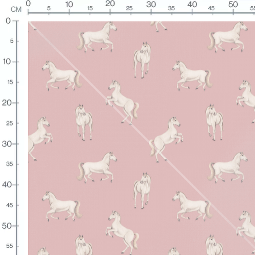 Tissu - Chevaux blancs sur fond rose