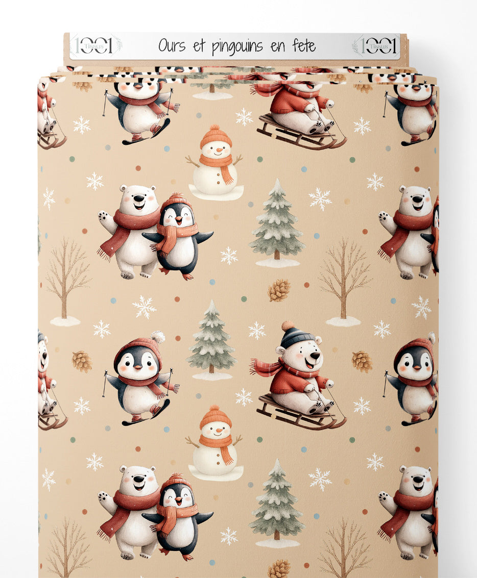 Tissu - Ours et pingouins en fête