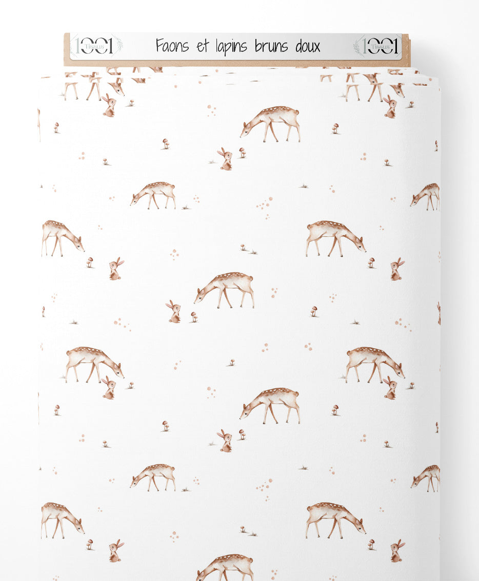 Tissu - Faons et lapins bruns doux