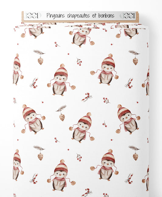 Tissu - Pingouins chapeautés et bonbons