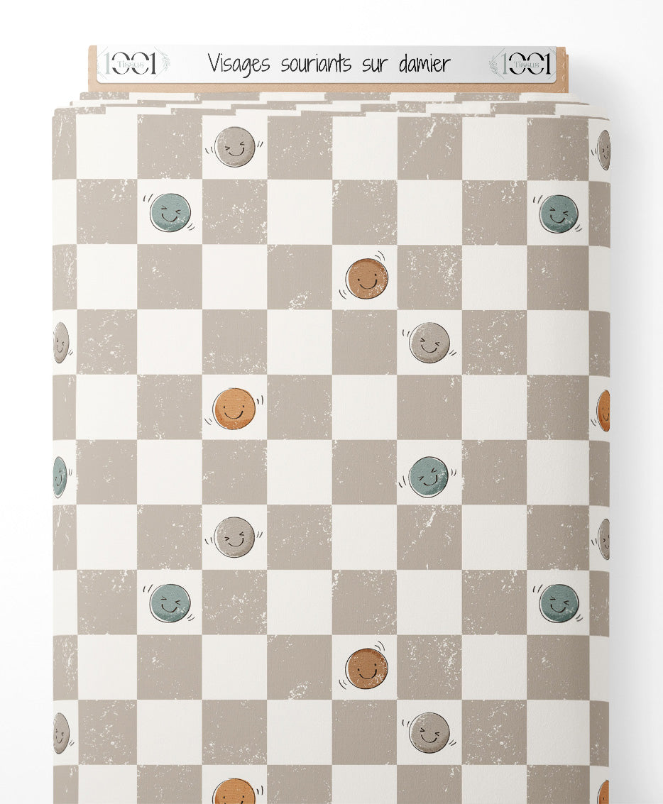 Tissu - Visages souriants sur damier