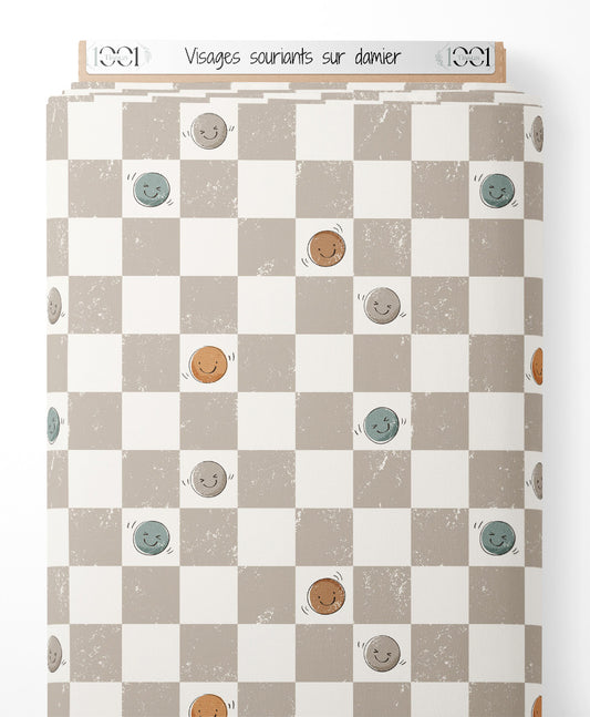 Tissu - Visages souriants sur damier