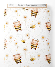 Tissu - Abeilles et fleurs blanches