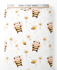 Tissu - Abeilles et fleurs blanches