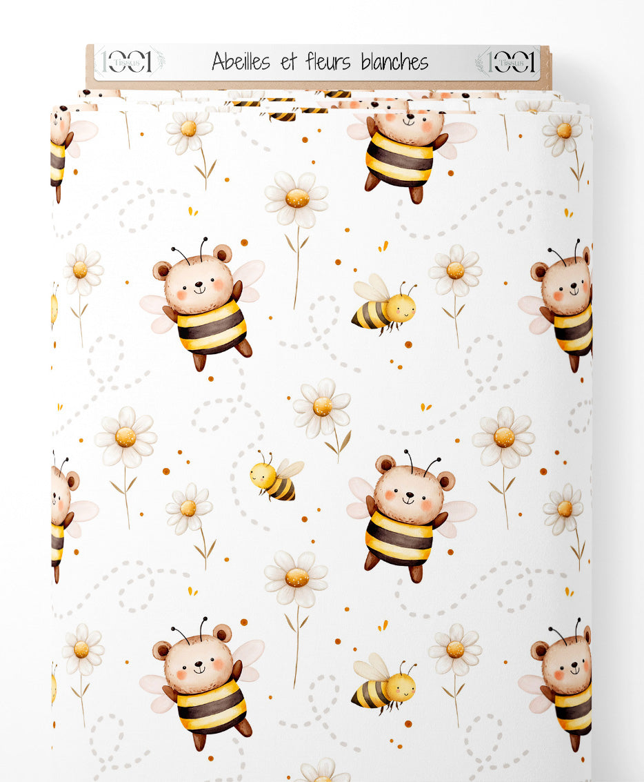Tissu - Abeilles et fleurs blanches