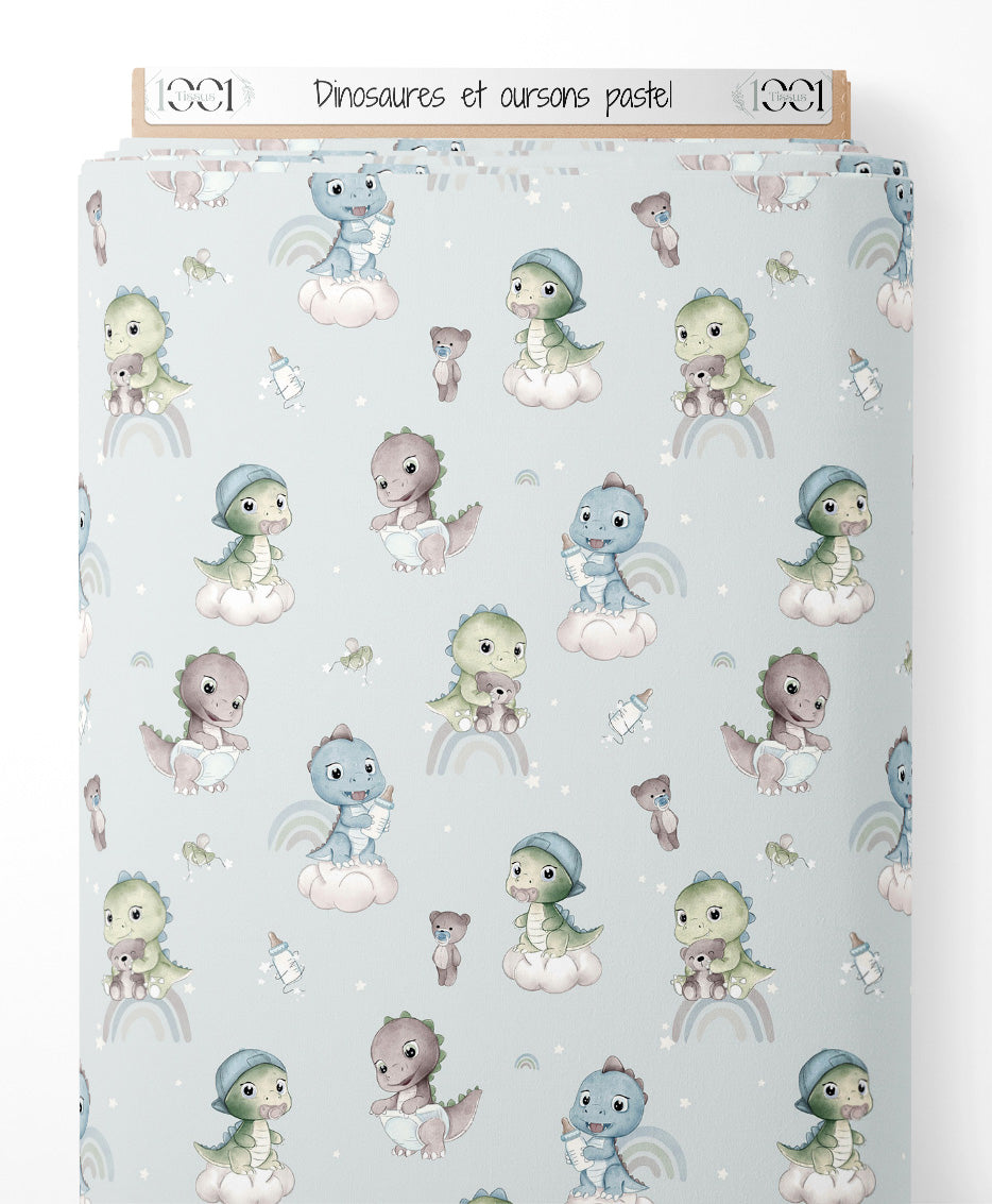Tissu - Dinosaures et oursons pastel