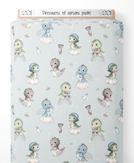 Tissu - Dinosaures et oursons pastel