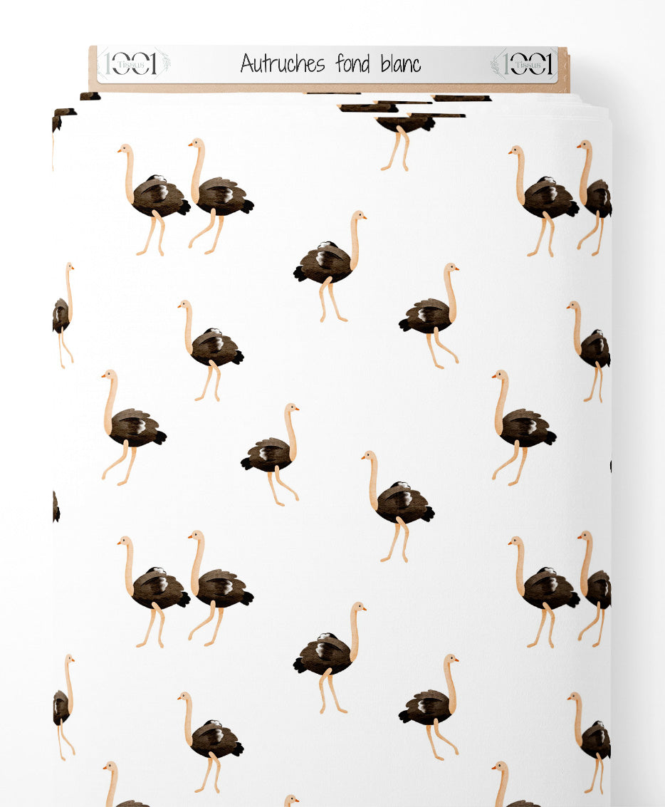Tissu - Autruches sur fond blanc