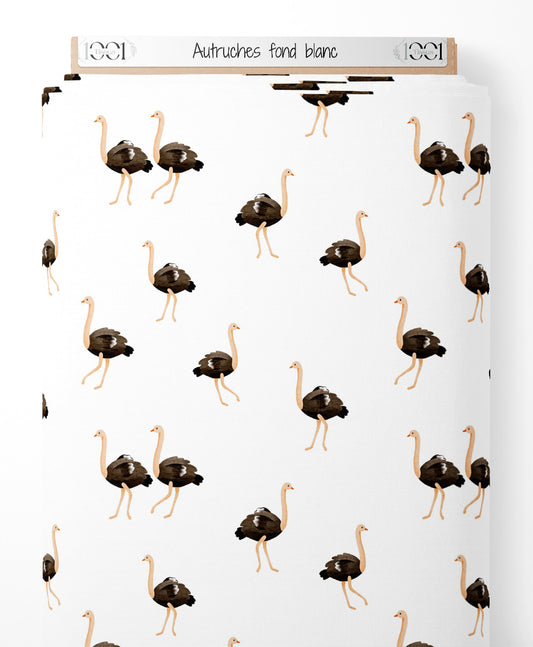 Tissu - Autruches sur fond blanc