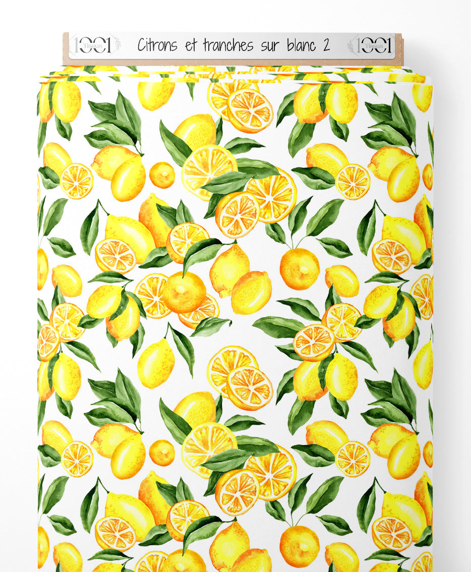 Tissu - Citrons et tranches sur blanc 2