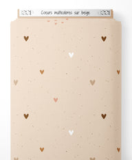 Tissu - Cœurs multicolores sur beige