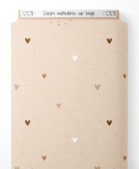 Tissu - Cœurs multicolores sur beige