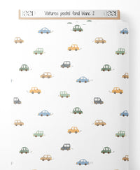 Tissu - Voitures pastel sur fond blanc 2