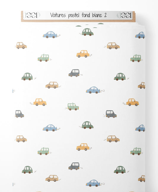 Tissu - Voitures pastel sur fond blanc 2