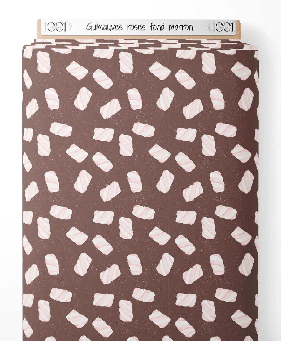 Tissu - Guimauves roses sur fond marron