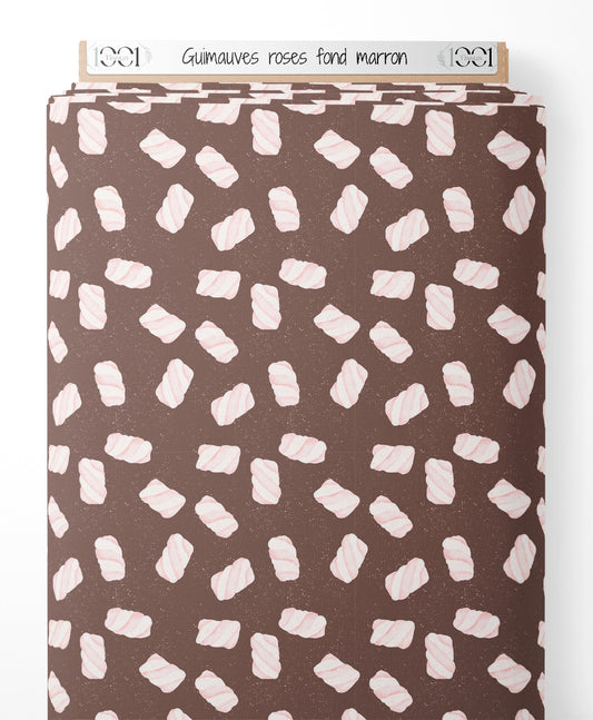 Tissu - Guimauves roses sur fond marron