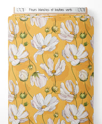 Tissu - Fleurs blanches et boutons verts