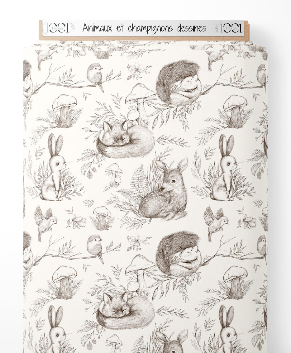 Tissu - Animaux et champignons dessinés