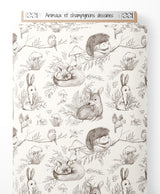 Tissu - Animaux et champignons dessinés