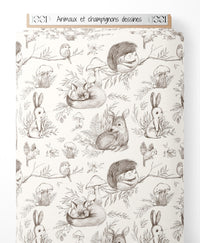 Tissu - Animaux et champignons dessinés