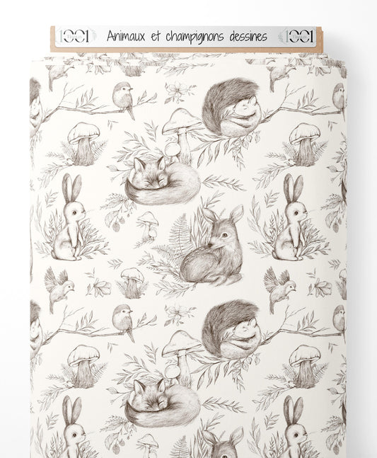 Tissu - Animaux et champignons dessinés
