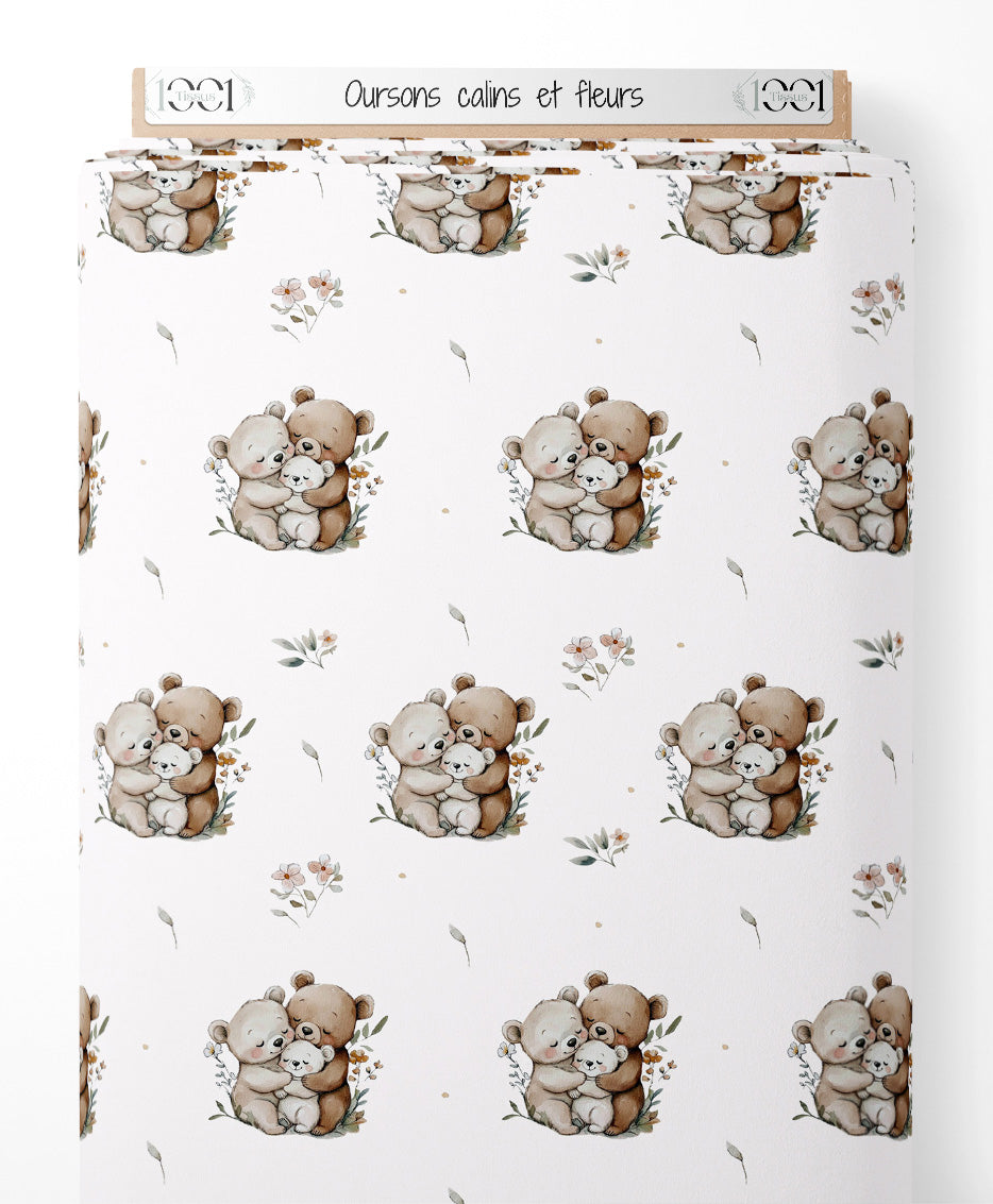 Tissu - Oursons câlins et fleurs