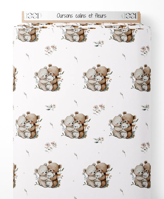 Tissu - Oursons câlins et fleurs