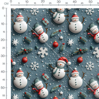 Tissu - bonhommes de neige et flocons 3D