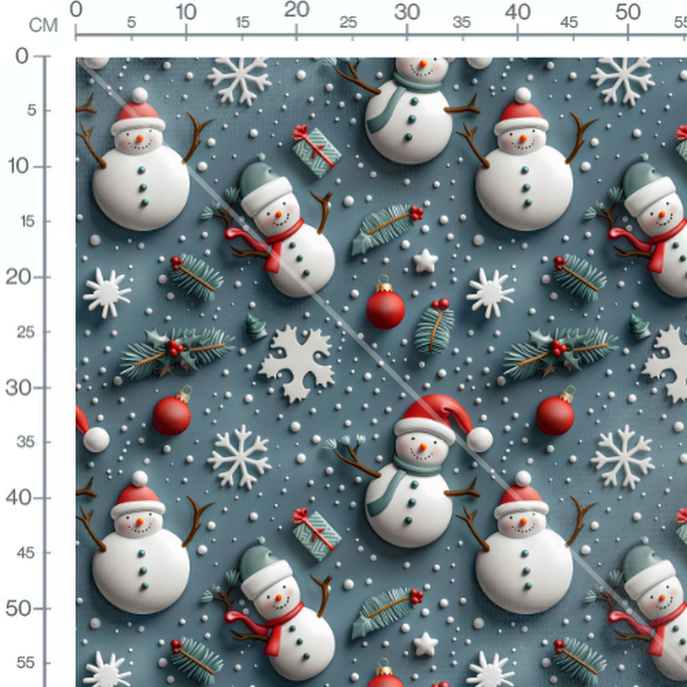 Tissu - bonhommes de neige et flocons 3D