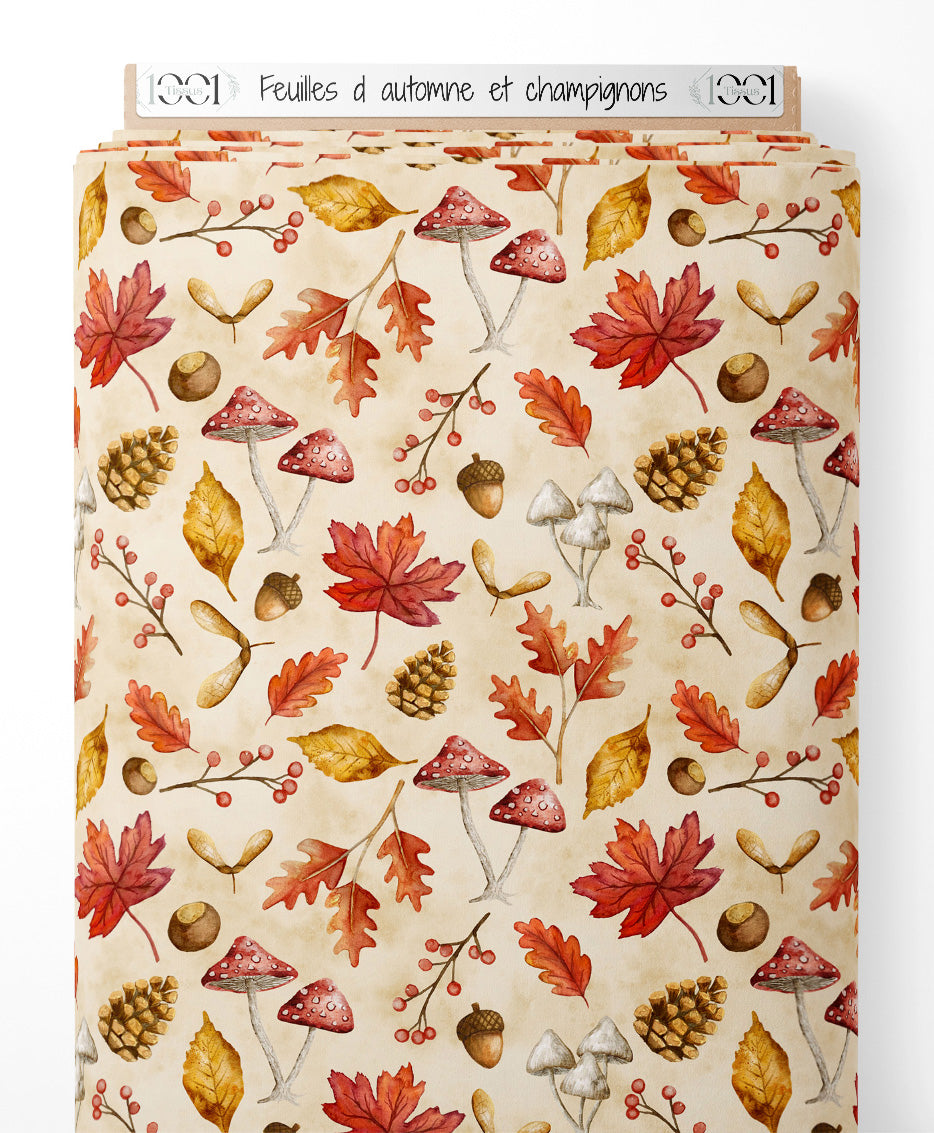 Tissu - Feuilles d'automne et champignons