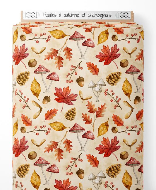 Tissu - Feuilles d'automne et champignons