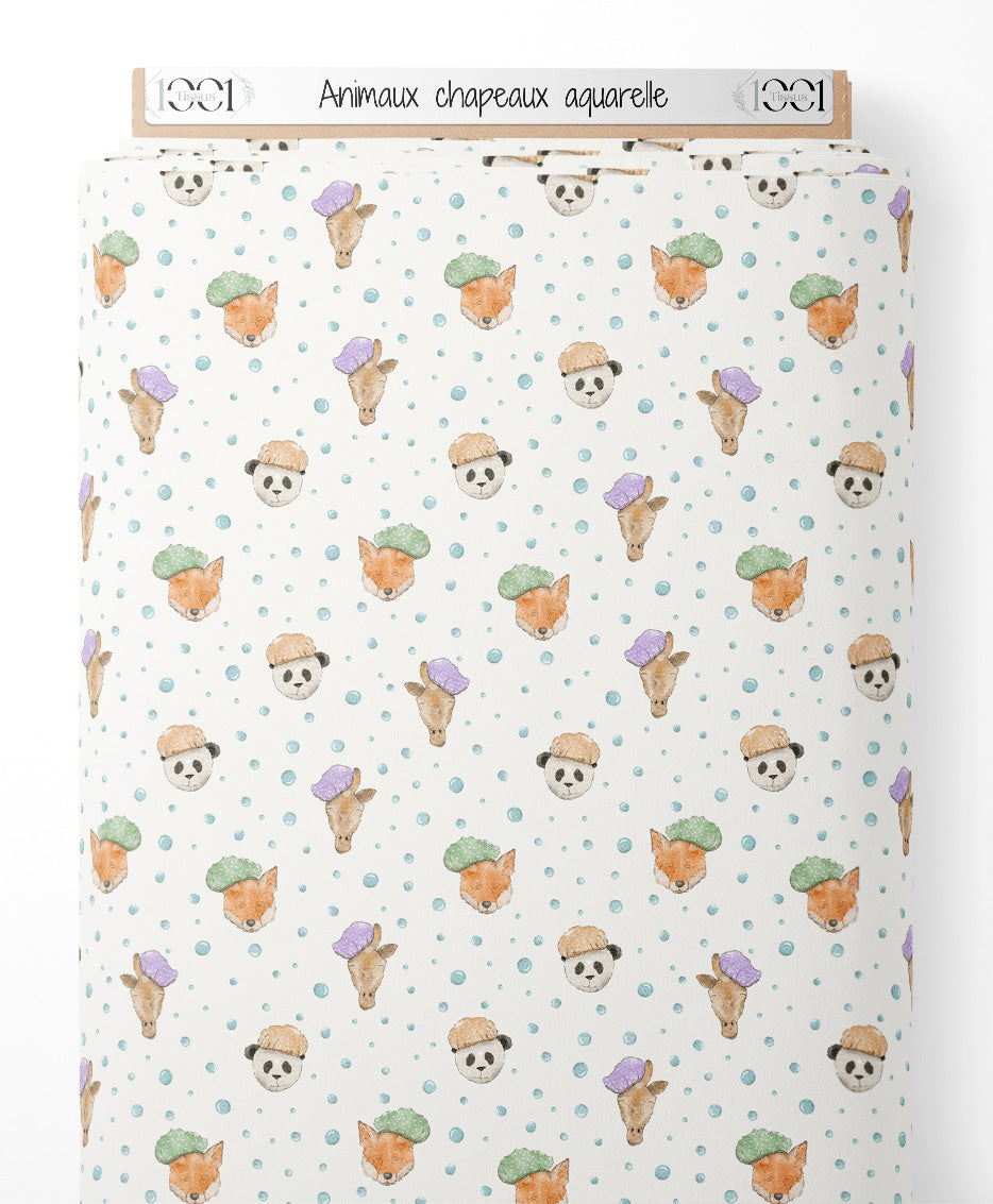 Tissu - Animaux chapeaux aquarelle