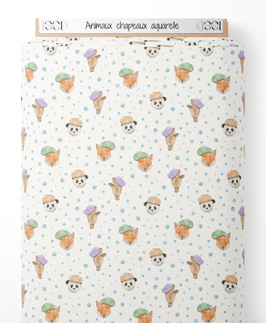 Tissu - Animaux chapeaux aquarelle