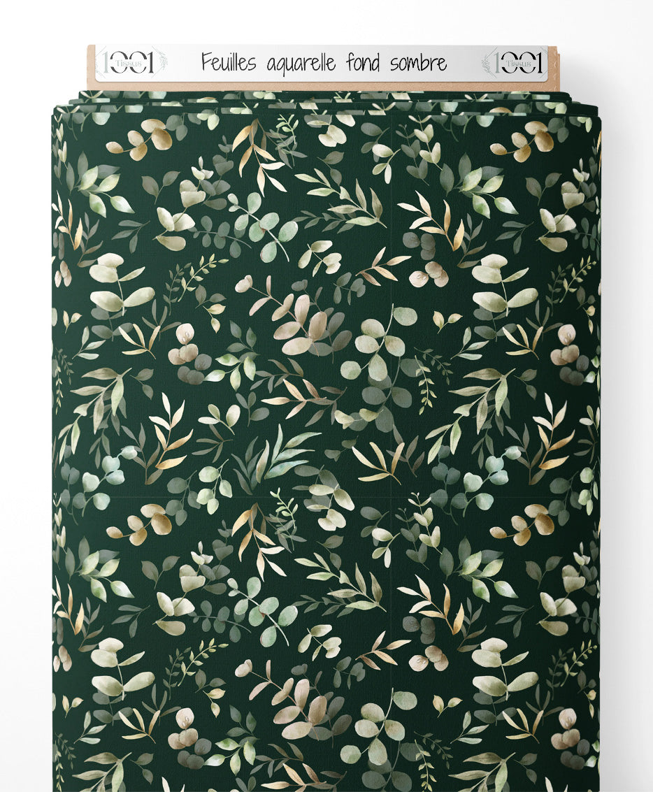 Tissu - Feuilles aquarelle sur fond sombre