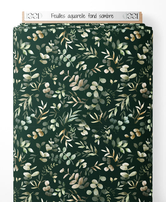 Tissu - Feuilles aquarelle sur fond sombre
