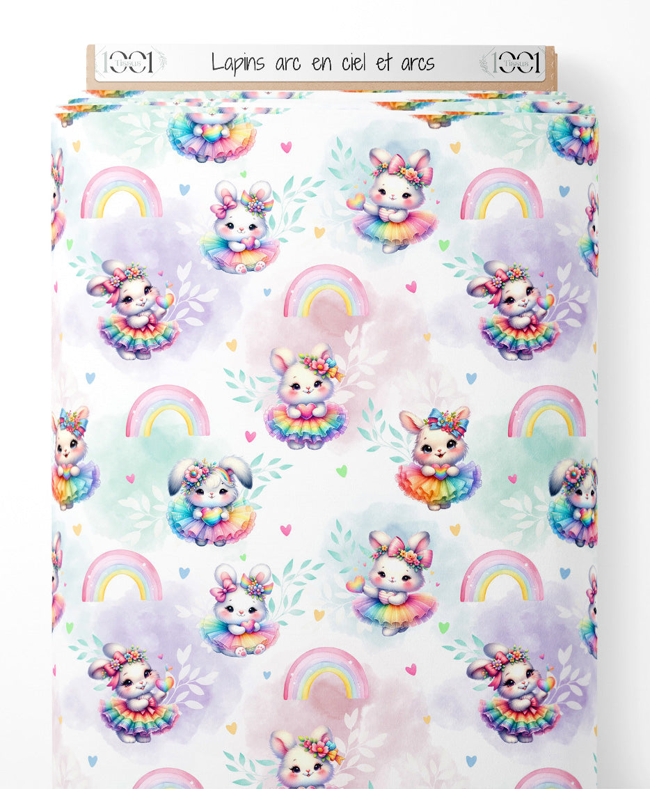 Tissu - Lapins arc-en-ciel et arcs
