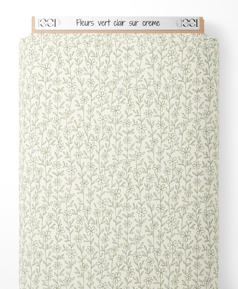 Tissu - Fleurs vert clair sur crème